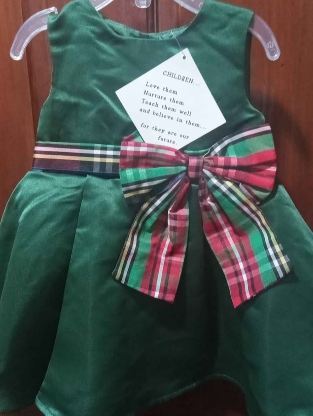 Green Velvet Holiday Dress with Plaid Bow